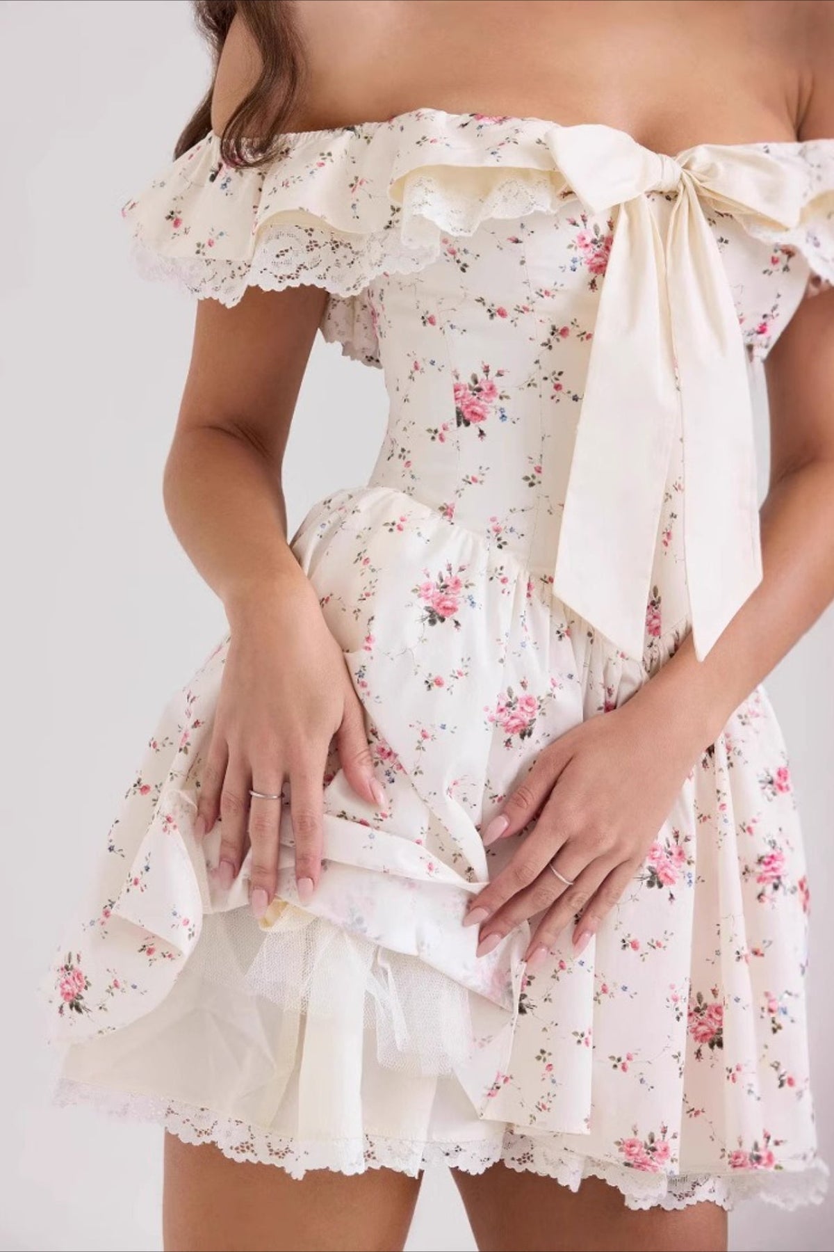 Off Shoulder Lace Trim Ribbon Bow Corset Bodice Floral Print Mini Dress 4