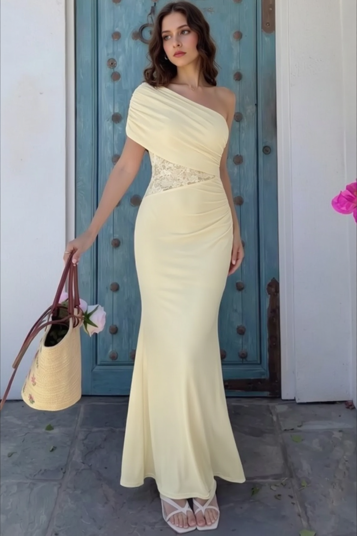 One Shoulder Ruched Wrap Bodice Lace Waist Insert Mermaid Maxi Gown