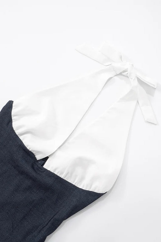 Halter Neck Deep V-Neck Ruched Contrast Waist Puff Skirt Mini Dress 5