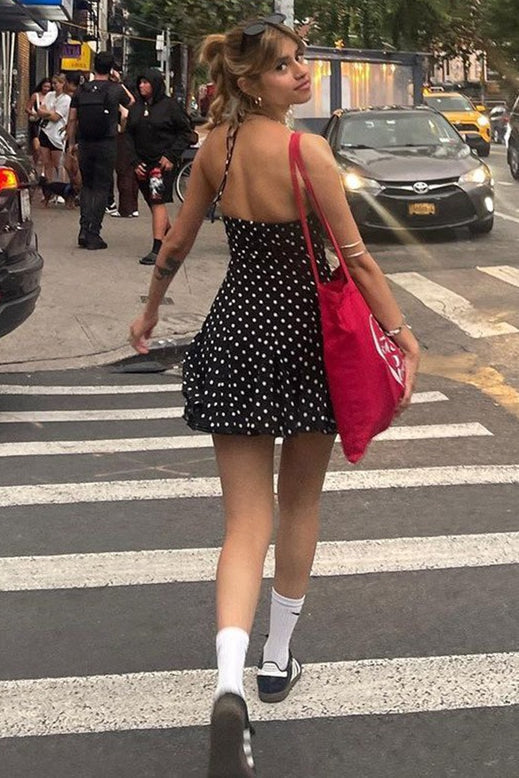 Black Halter Neck Square Neck Polka Dot Flared Ruffle Mini Dress 4