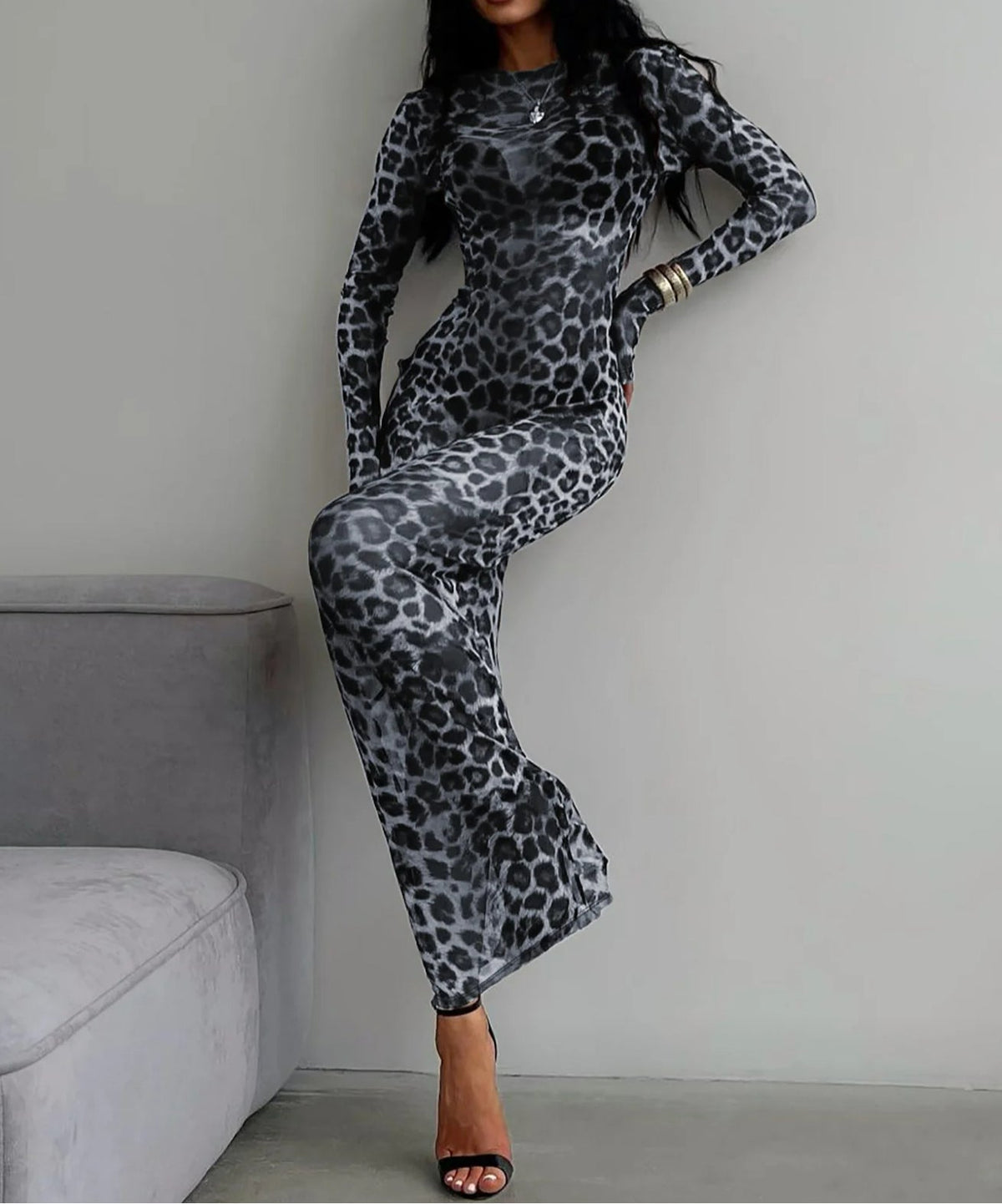 Print Mock Neck Long Sleeve Bodycon Maxi Dress 4