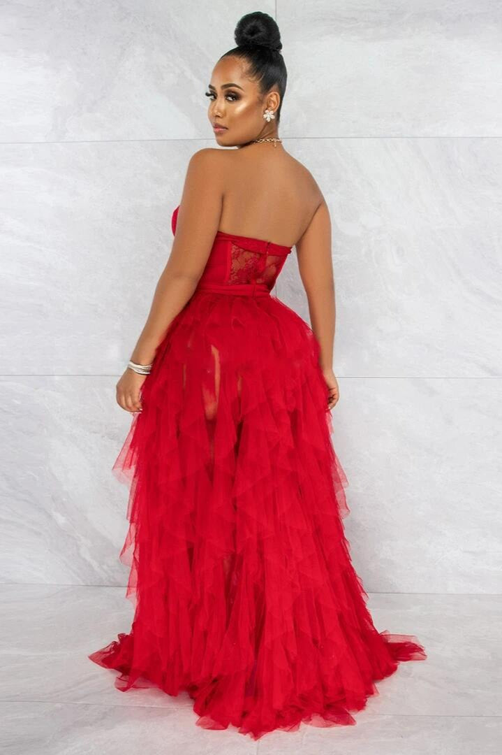 Lace Corset Sweetheart Strapless Tiered Tulle High Slit Maxi Skirt Set 6