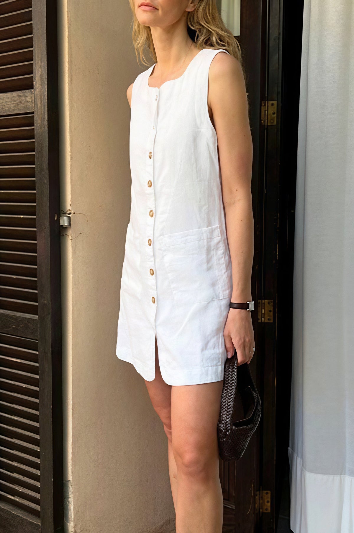 Wide Neck Button Front Patch Pocket Linen Blend Mini Dress 2