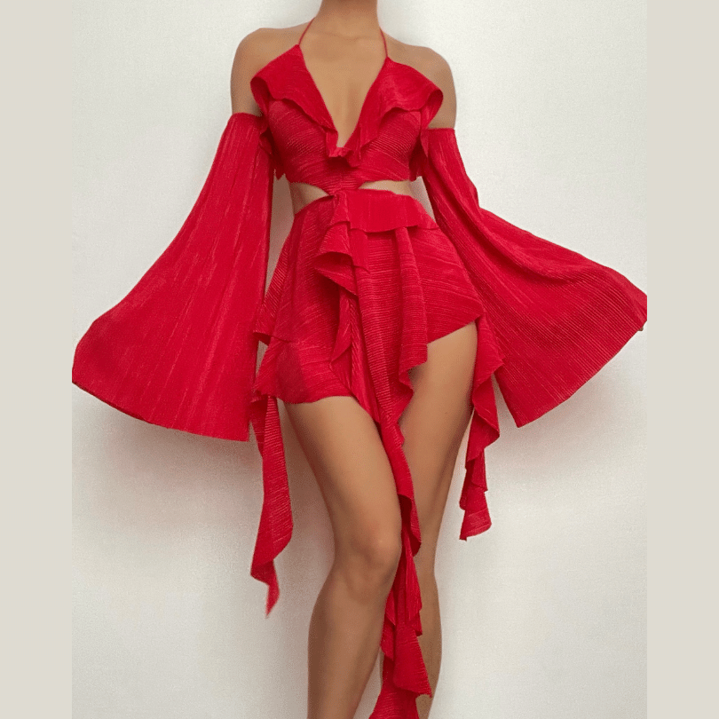 Halter V-Neck Pleated Cutout Bell Sleeve Ruffle Romper