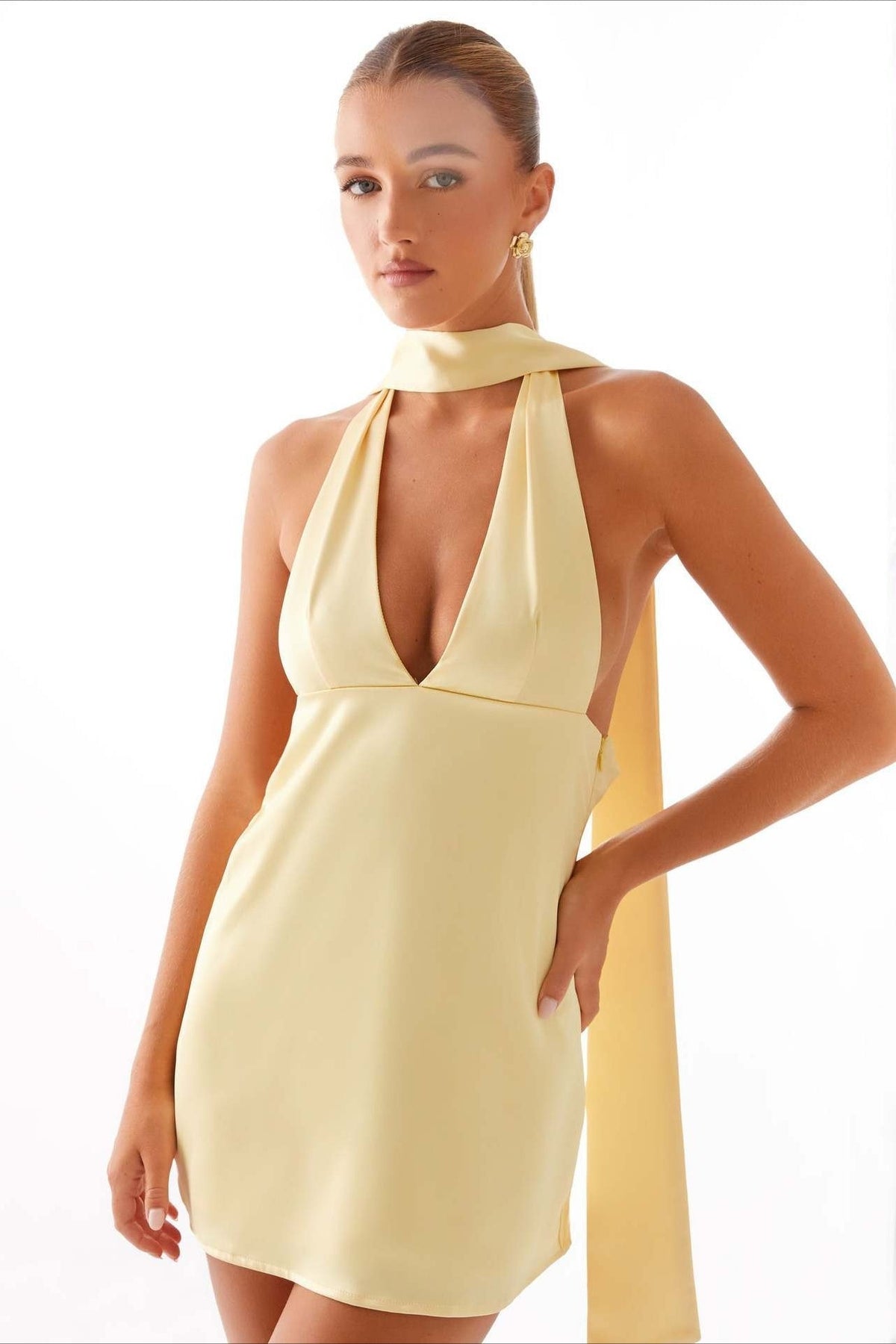 Satin Halter Scarf Tie Deep V-Neck Open Side Backless Mini Dress 20