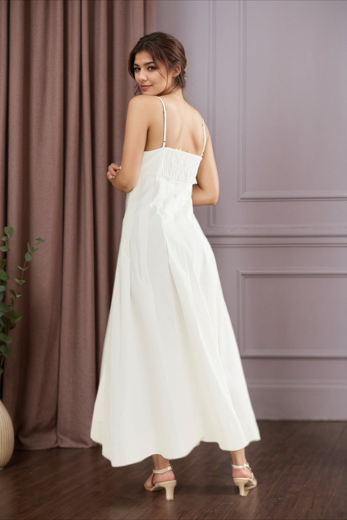Spaghetti Strap Corset Bodice Knife Pleat A-Line Midi Dress 4