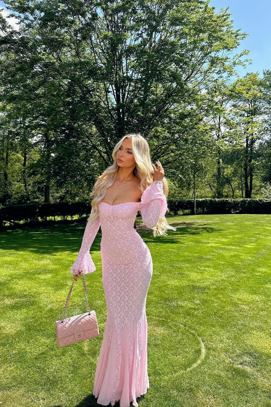 Lace Off Shoulder Bell Sleeve Sweetheart Mermaid Maxi Gown 5