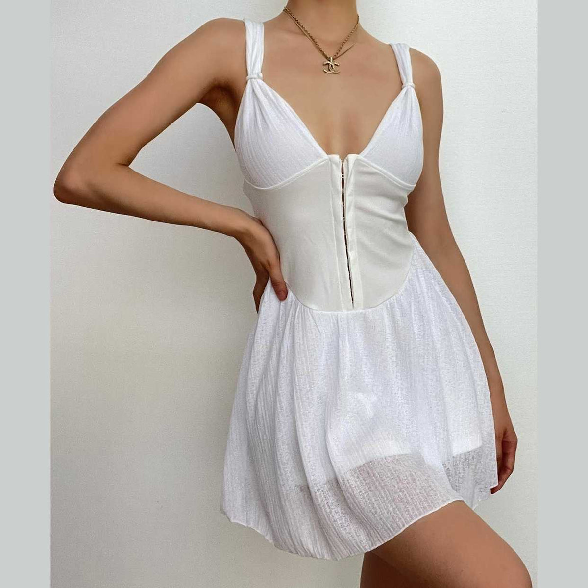 Button Patchwork Chiffon Ruffle Low Cut Mini Dress