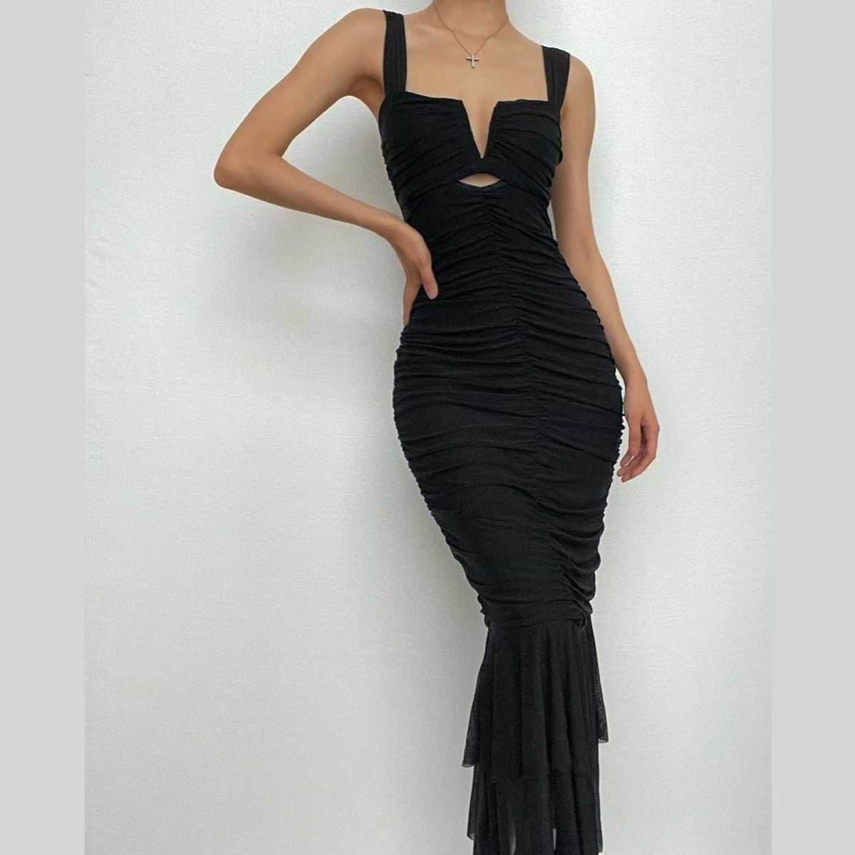 Wide Strap Cutout Bust Ruched Bodice Tiered Mesh Ruffle Hem Maxi Dress 3