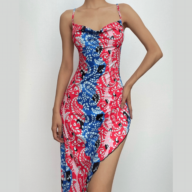 Paisley Print Cowl Neck Spaghetti Strap Thigh Slit Bodycon Midi Dress