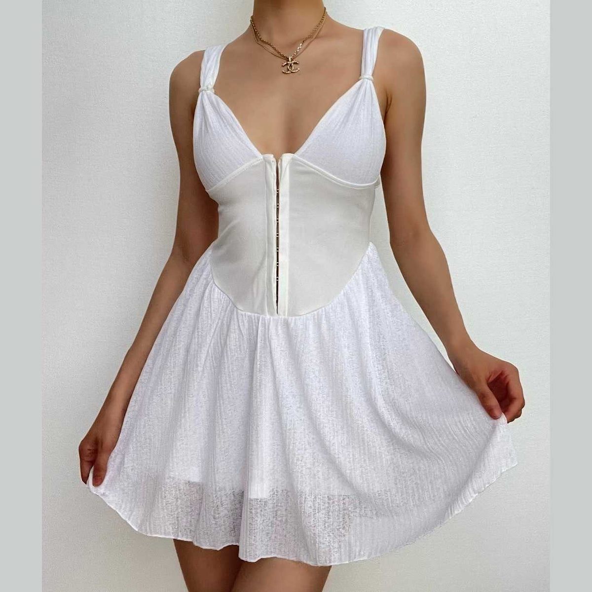 Button Patchwork Chiffon Ruffle Low Cut Mini Dress 2