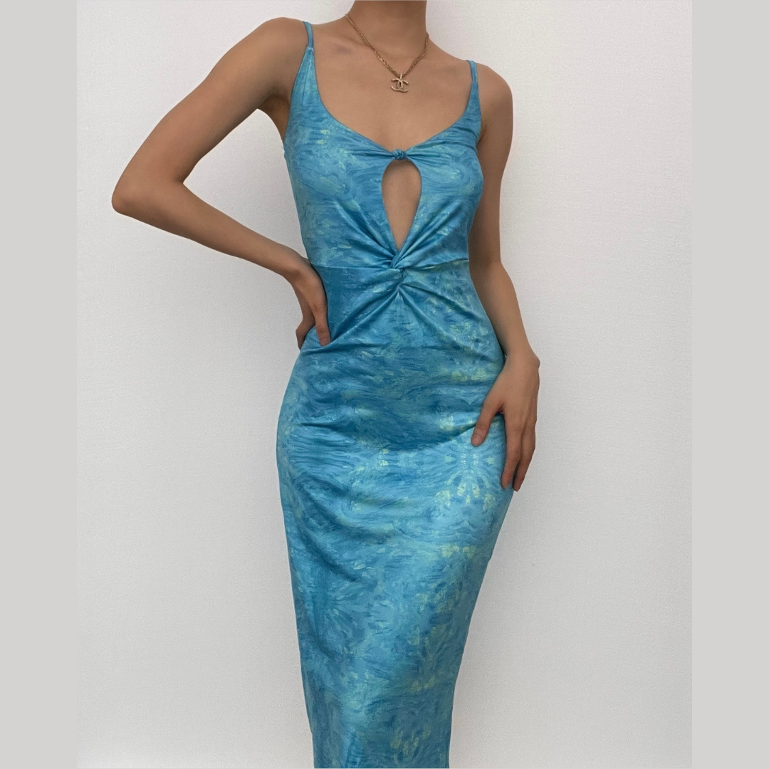 Deep V-Neck Keyhole Twist Front Marble Print Satin Maxi Dress