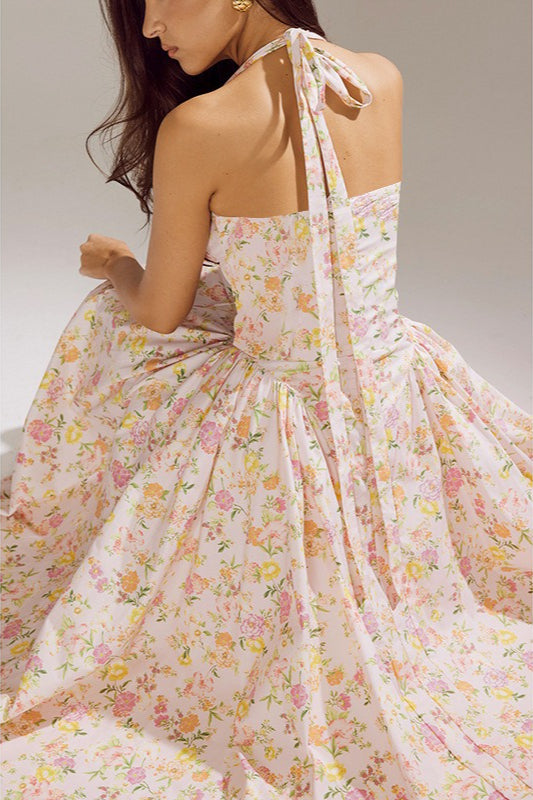 Floral Halter Neck Corset Sweetheart Lace Trim A-Line Midi Dress 4
