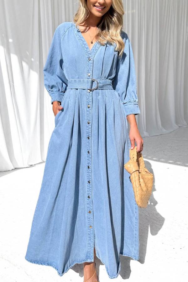 Belted Puff Sleeve Button-Front Denim Maxi Dress 2