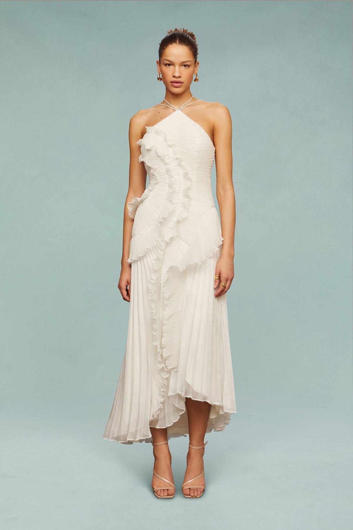 Halter Crisscross Strap Pleated Ruffle High-Low Maxi Dress 5