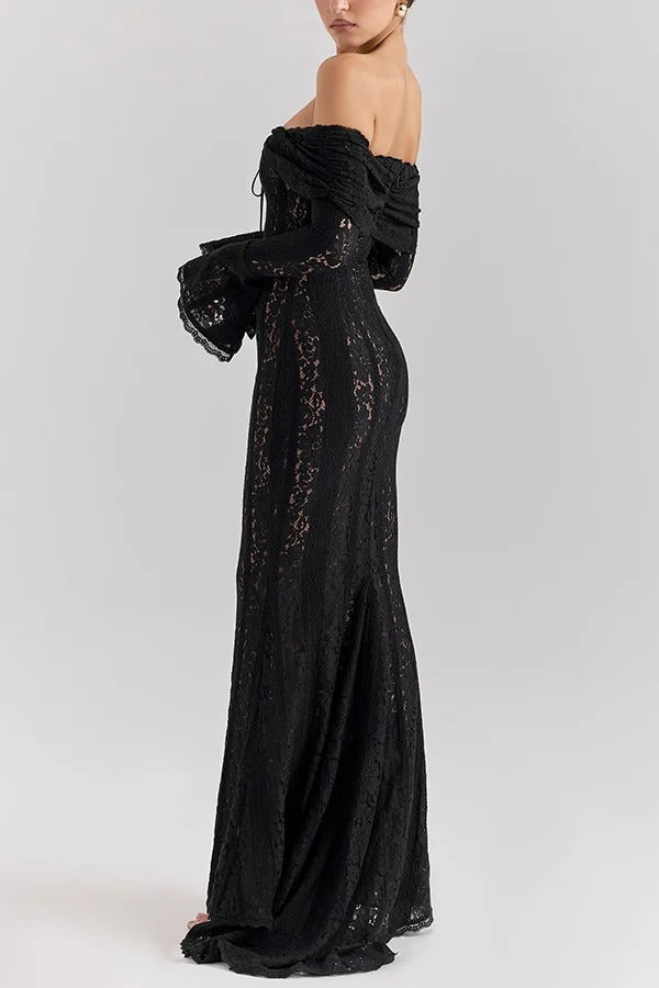 Floral Lace Off Shoulder Bell Sleeve Mermaid Maxi Dress 15