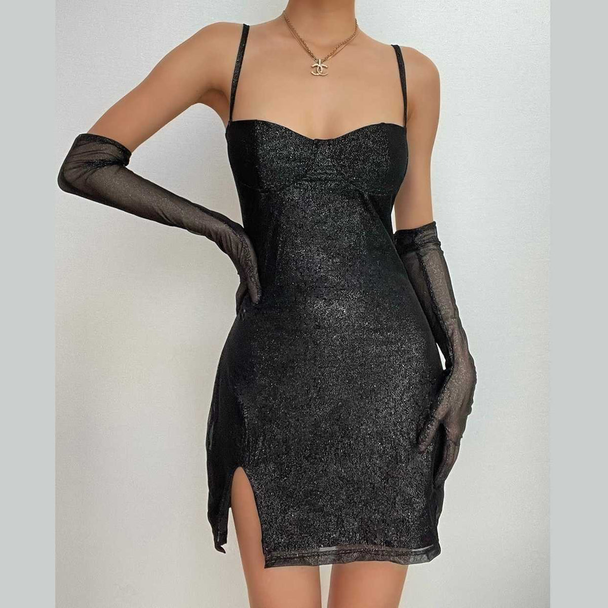 Sweetheart Neck Spaghetti Strap Glitter Side Slit Mesh Glove Mini Dress