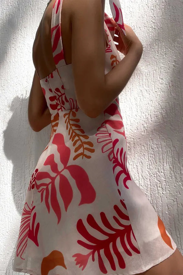 Deep V Neck Tie Shoulder Tropical Leaf Print Mini Dress 4