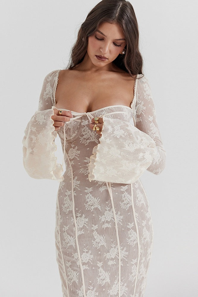 Lace Square Neck Milkmaid Tie Front Corset Seam Bell Sleeve Mermaid Maxi Dress 5