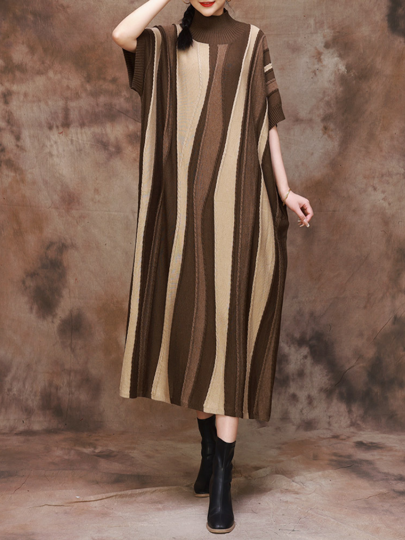 Mock Neck Drop Shoulder Vertical Stripe Oversized Knit Maxi Dress 3