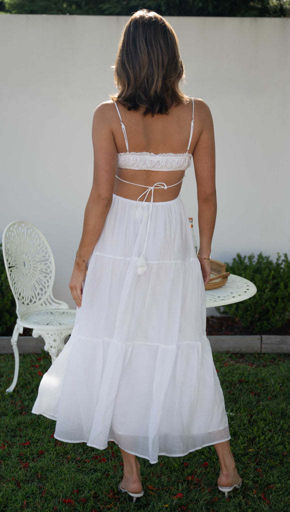 Spaghetti Strap Smocked Tie Tassel Side Cutout Tiered Crinkle Maxi Dress 11