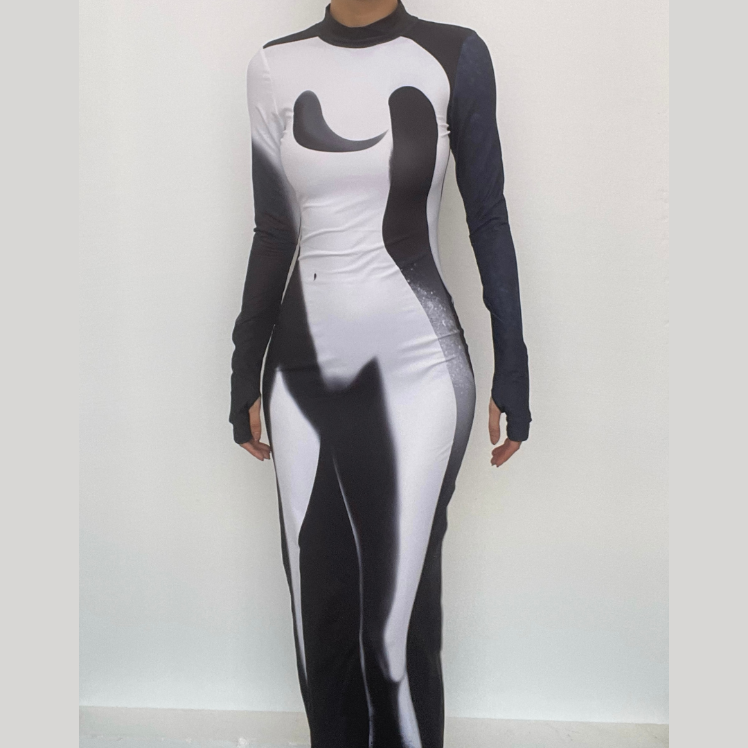 Mock Neck Long Sleeve Shadow Illusion Thumbhole Bodycon Maxi Dress