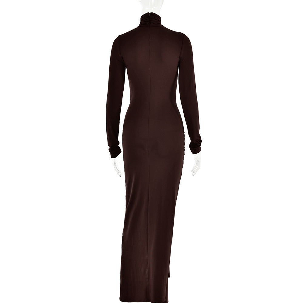 Long Sleeve Mock Neck Front Knot Draped Train Maxi Dress 4