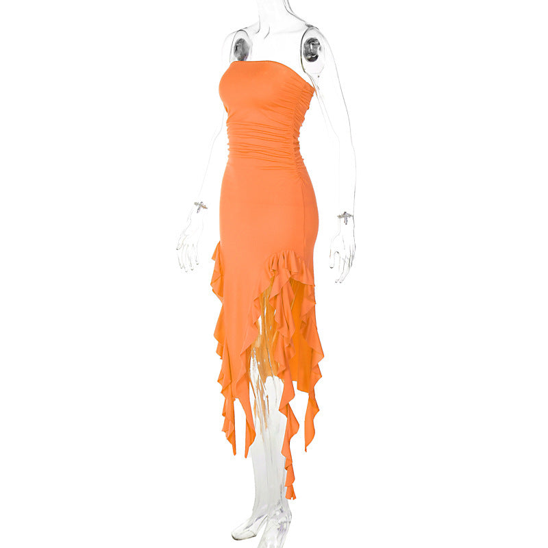 Strapless Ruched Double High Slit Ruffle Trim Pooling Hem Midi Dress 5