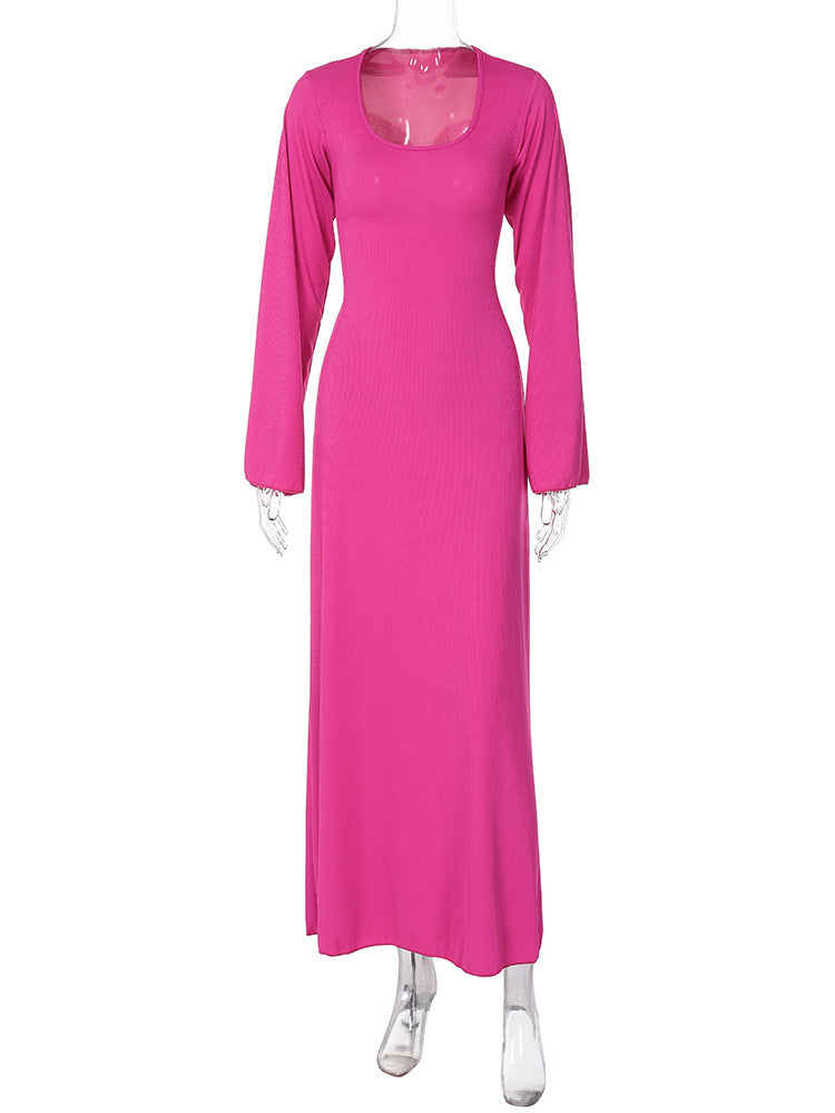 Scoop Neck Long Sleeve Bell Cuff Rib Knit Maxi Dress 5