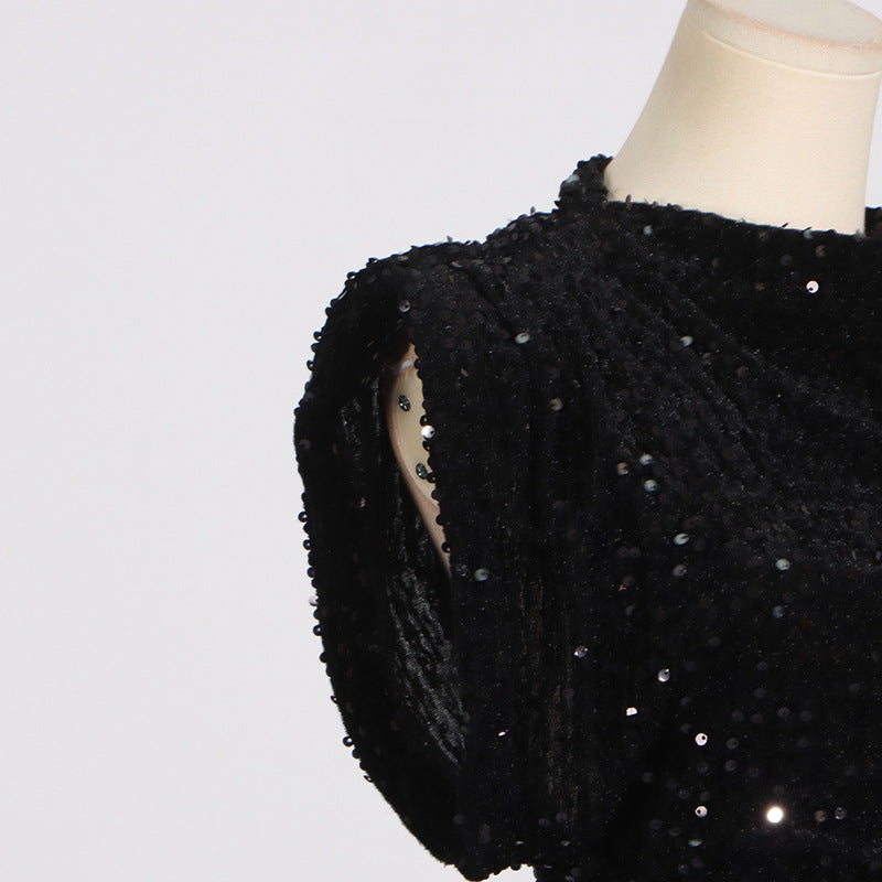 Structured Shoulder Crew Neck Sequin Mini Dress 6