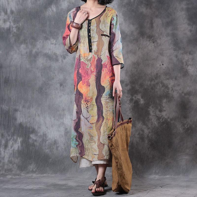 Scoop Neck Colorblock Patchwork Oversized Linen Midi Dress 2
