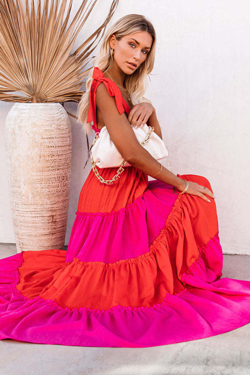 Smocked Square Neck Shoulder Tie Bow Tiered Ruffle Maxi Dress 3