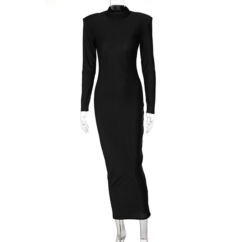 Mock Neck Padded Shoulder Bodycon Long Sleeve Maxi Dress 5