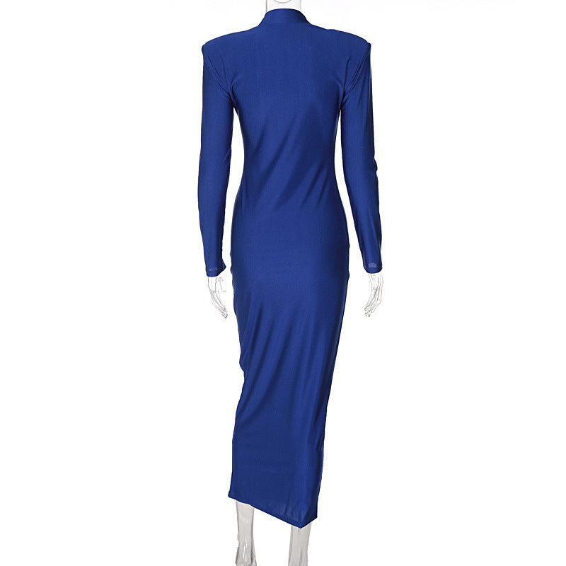 Mock Neck Padded Shoulder Bodycon Long Sleeve Maxi Dress 4