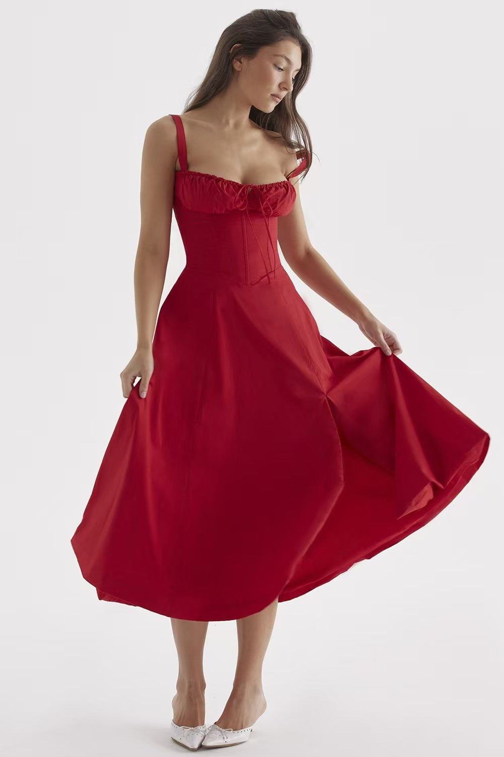 Tie Strap Ruched Sweetheart Corset Bodice Midi Dress 5