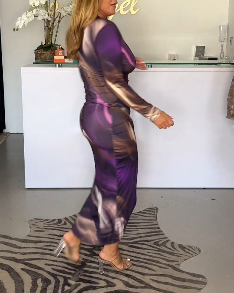 V Neck Abstract Marbled Draped Wrap Midi Dress 4
