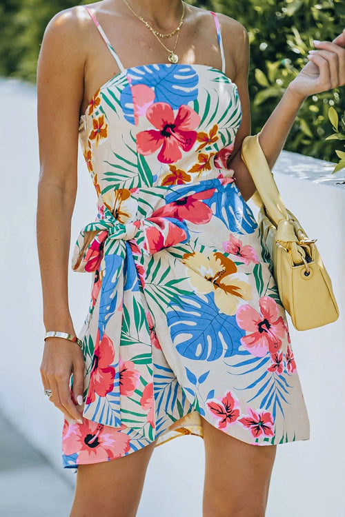 Spaghetti Strap Tropical Floral Tie Waist Tulip Hem Mini Dress