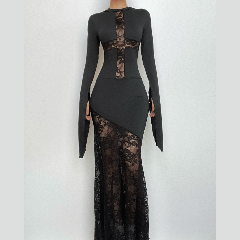 Lace Cross Inset Split Cuff Hoodie Irregular Hem Maxi Dress