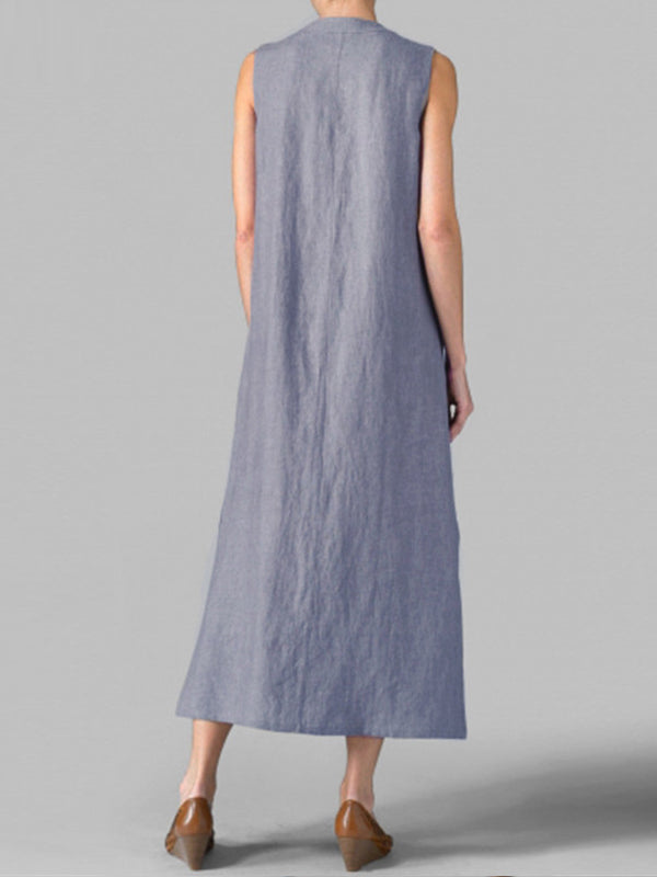 Sleeveless Notched Collar Button Front Linen Maxi Dress with Side Slits 5