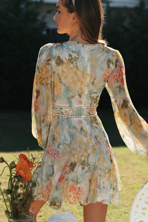 V Neck Lace Trim Balloon Sleeve Floral Print Mini Dress 5