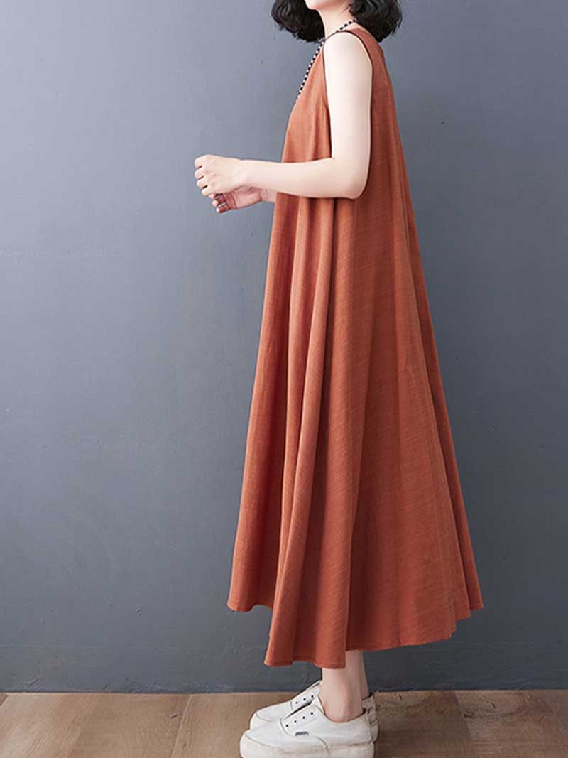 Round Neck Sleeveless Side Pocket Loose A Line Maxi Dress 4