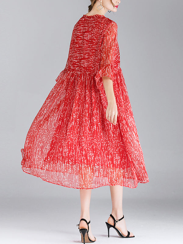V-Neck Tiered Bell Cuff Empire Waist Pleated Dotted Midi Dress 5