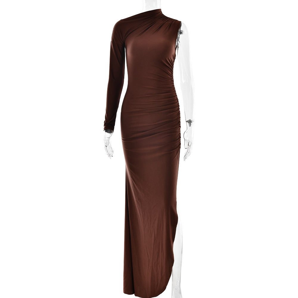 One Sleeve Mock Neck Ruched High Slit Jersey Maxi Dress 5