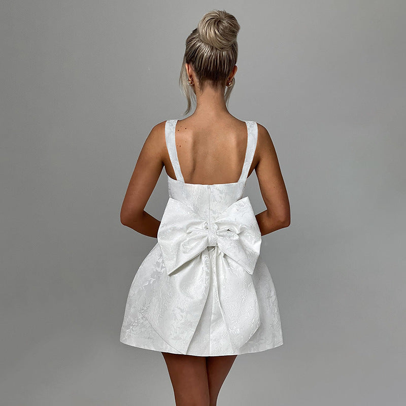 Square Neck Jacquard Floral Back Bow Skater Mini Dress 5