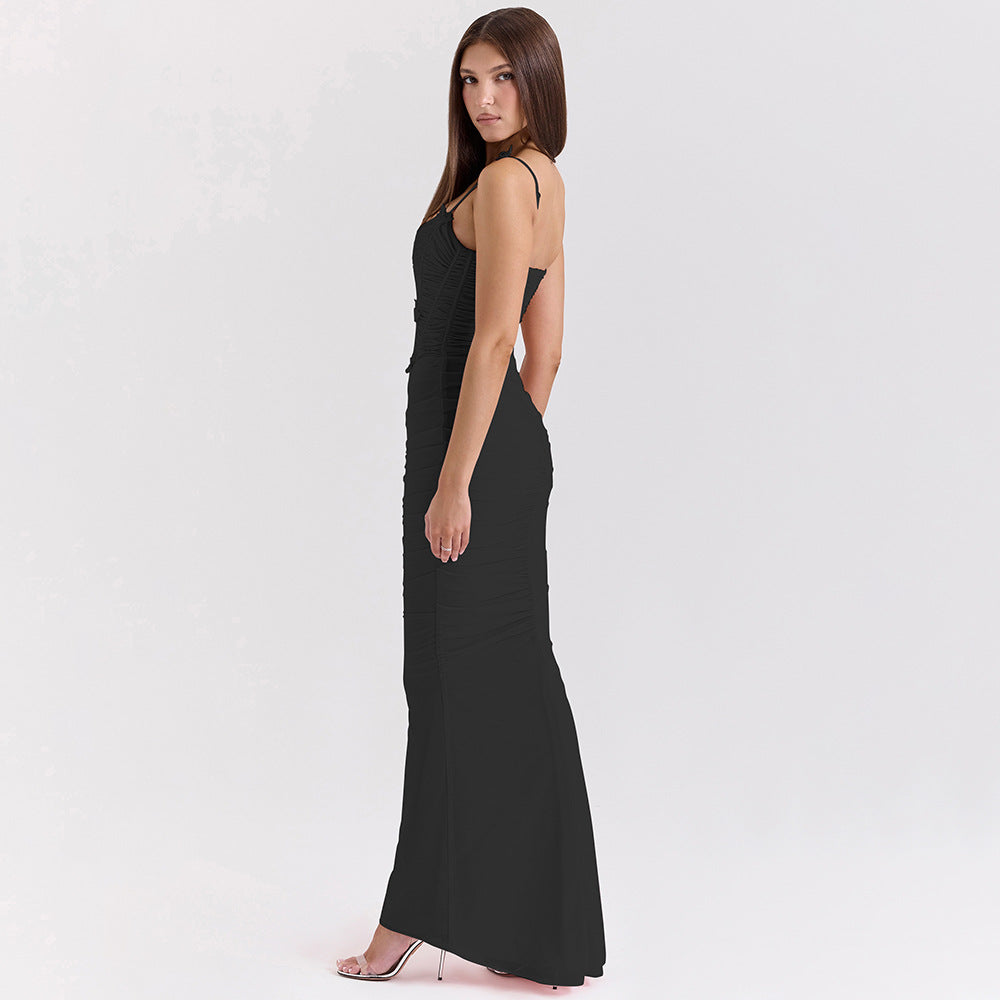 Spaghetti Strap Butterfly Applique Corset Boned Ruched Mermaid Maxi Dress 5