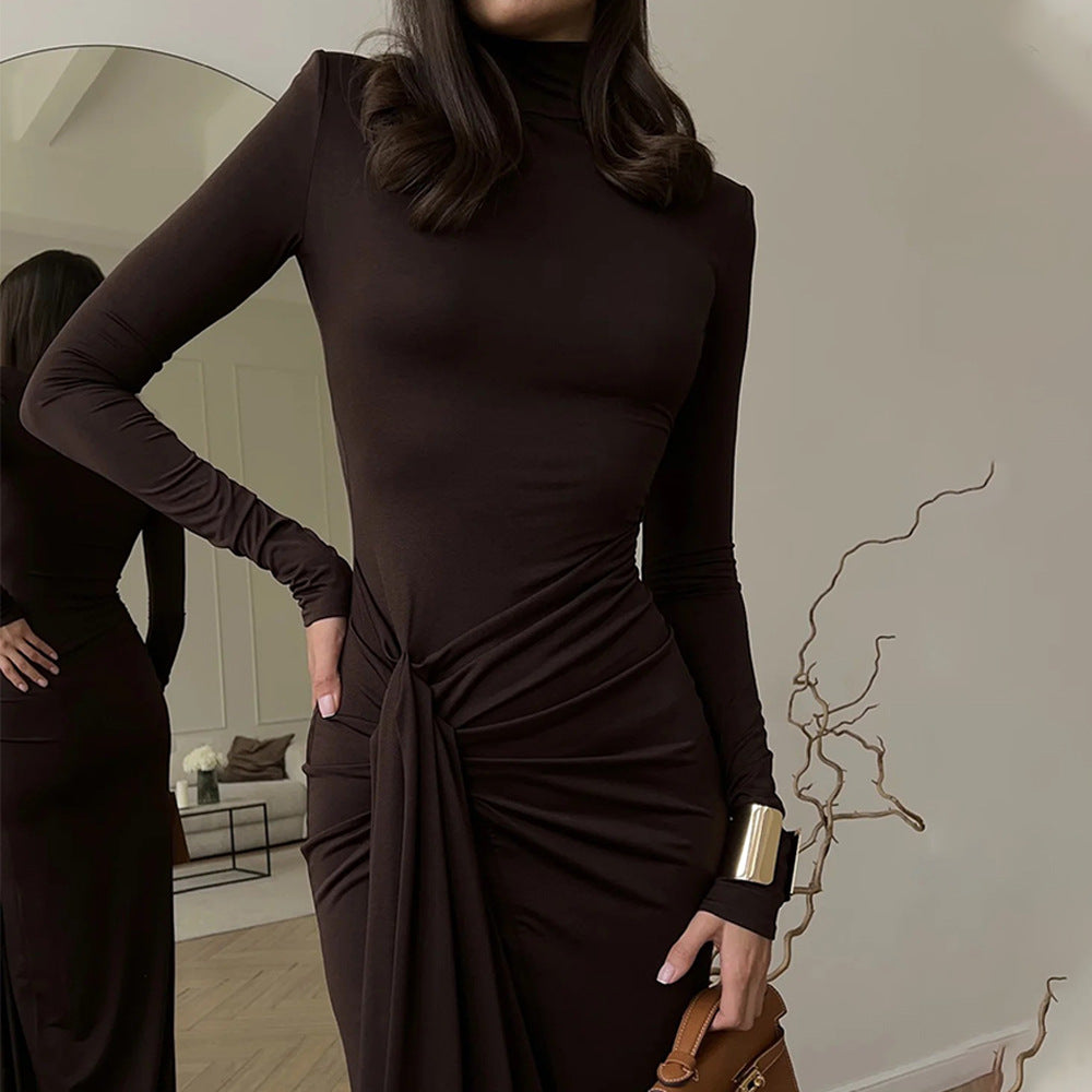 Turtleneck Long Sleeve Twisted Waist Knot High Slit Bodycon Maxi Dress 5