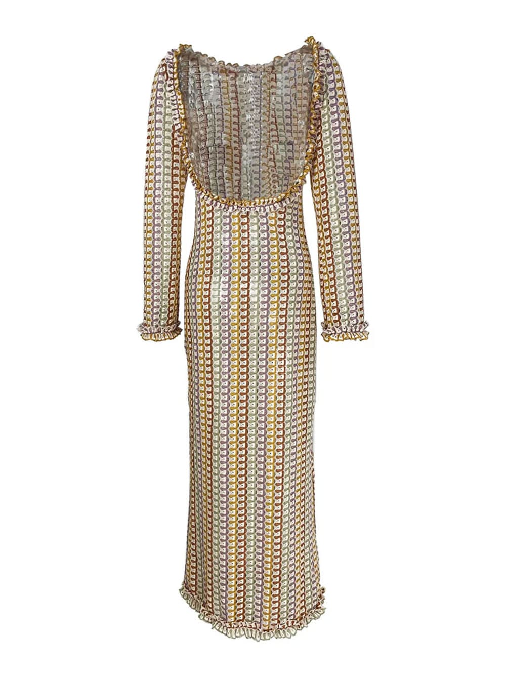 Crochet Scallop Stripe Ruffle Boat Neck Long Sleeve Mini Dress 5