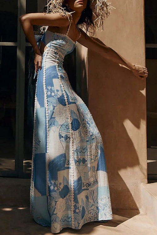 Square Neck Vase Print Crochet Trim Column Maxi Dress 5