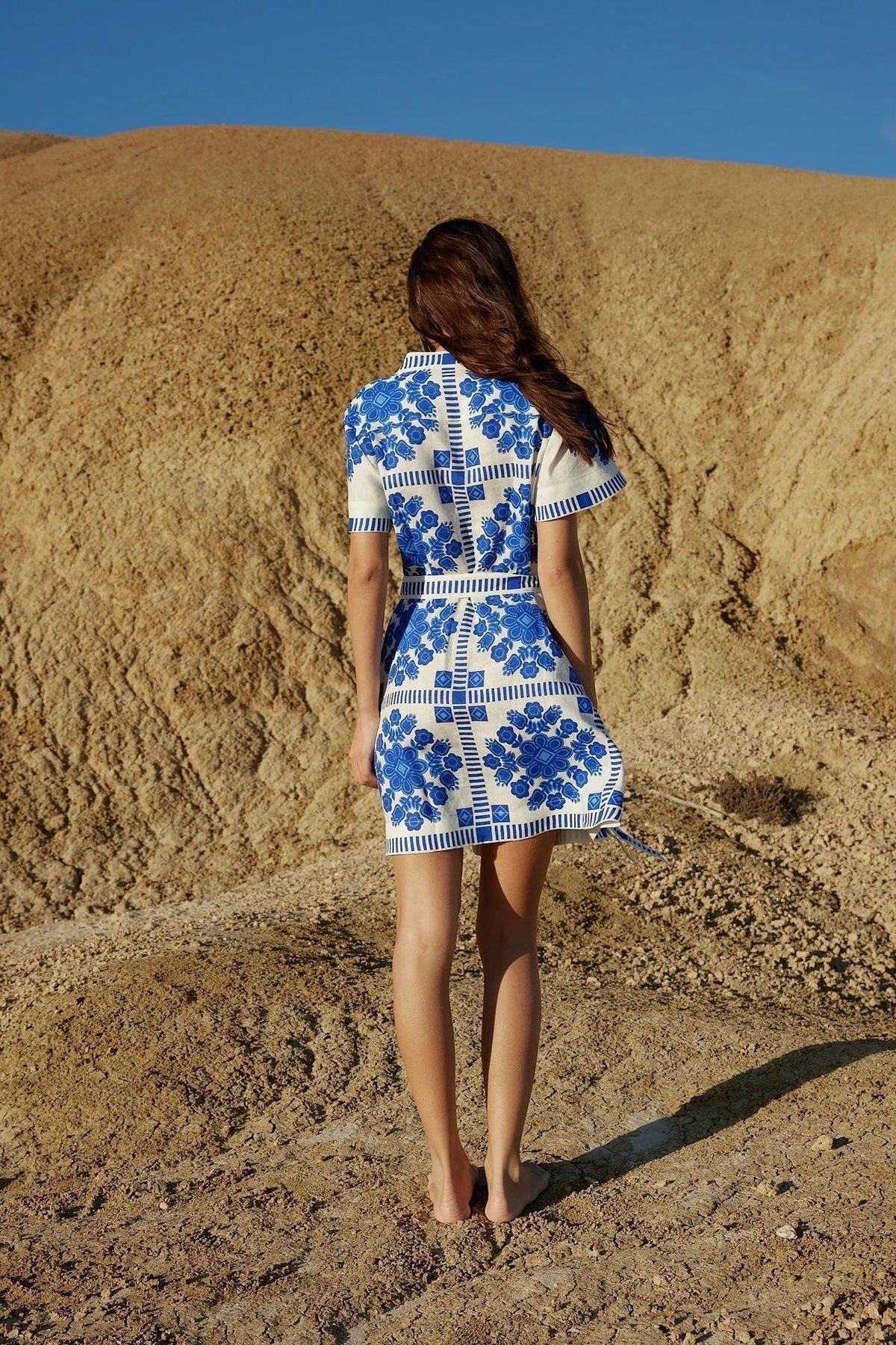 Mandarin Collar Short Sleeve Tie Waist Folk Floral Geometric Print Shirt Mini Dress 5