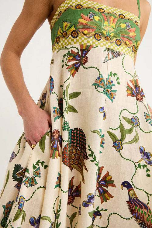 Spaghetti Strap Empire Waist Bird Botanical Border Print Pocket Maxi Dress 9